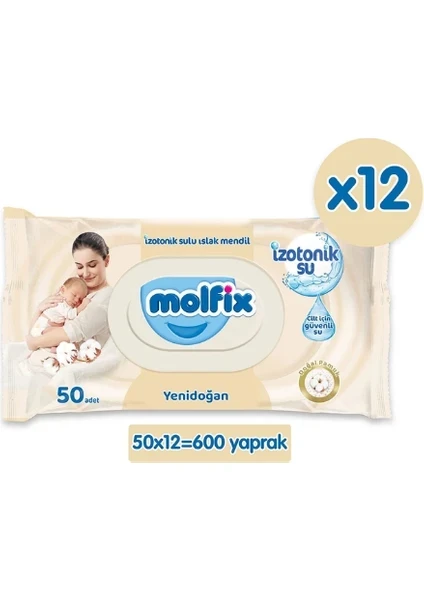 Molfix Yenidoğan Izotonik Sulu Doğal Pamuk Islak Havlu Mendil 50× 12=600 Yaprak