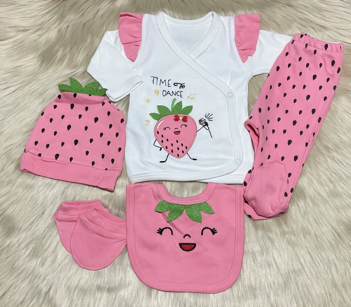 Almini Yeni Sezon 5 Parça Çilekli Kız Bebek Yenidoğan Hastane Çıkış Zıbın Seti