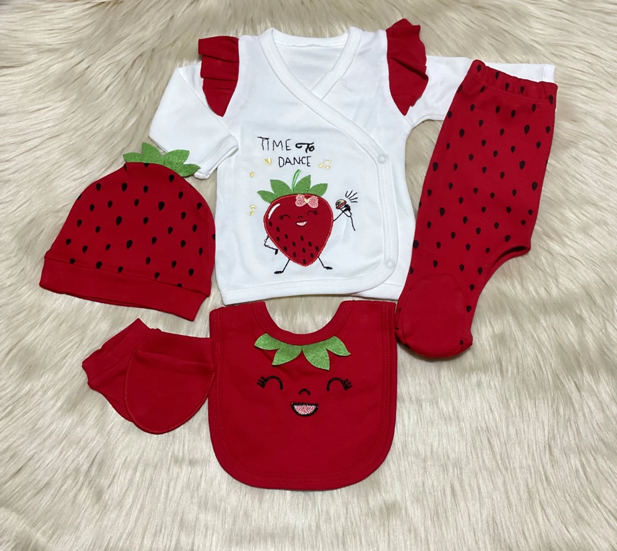 Almini  Yeni Sezon 5 Parça Çilekli Kız Bebek Yenidoğan Hastane Çıkış Zıbın Seti