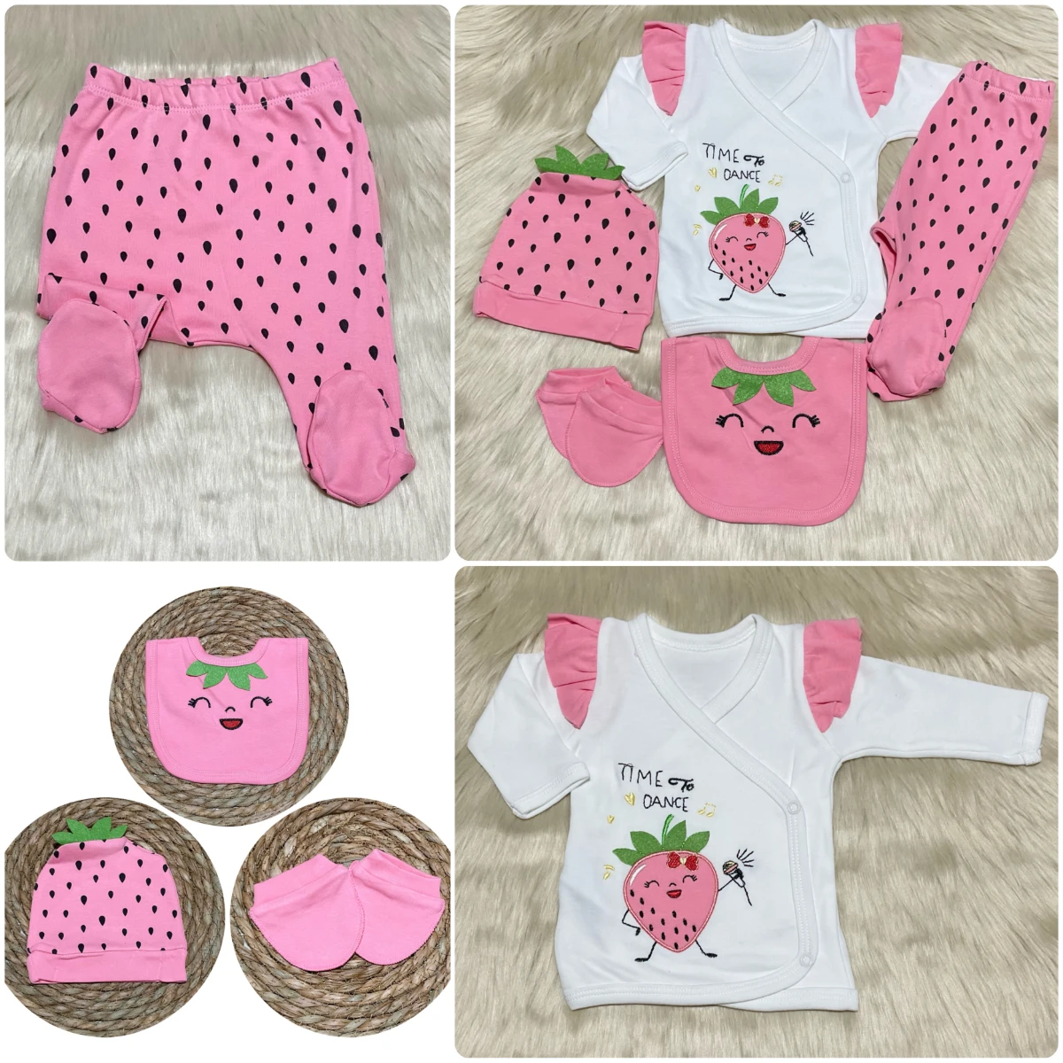 Almini Yeni Sezon 5 Parça Çilekli Kız Bebek Yenidoğan Hastane Çıkış Zıbın Seti