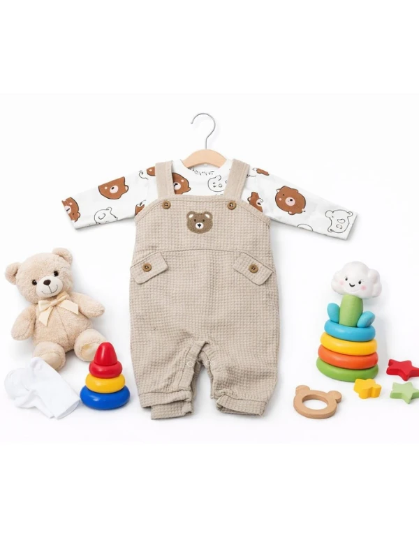 Almini Nakışlı Ayılı 2li Salopet Takımı Uzun Kollu Çıtçıtlı Yenidoğan Kıyafeti Ve Çorabı