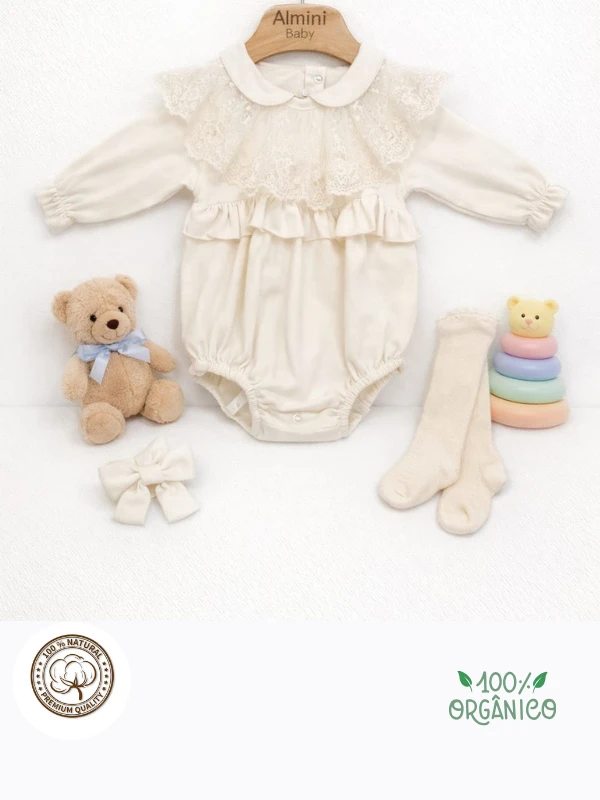 Almini Dantel Yakalı Kız Bebek Romper Takım (Saç Bandı & Çorap Hediyeli)