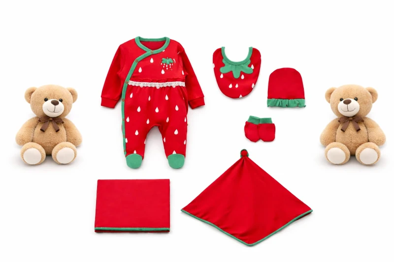 Almini Kız Bebek Çilek Nakışlı 5 Li Tulum Setİ