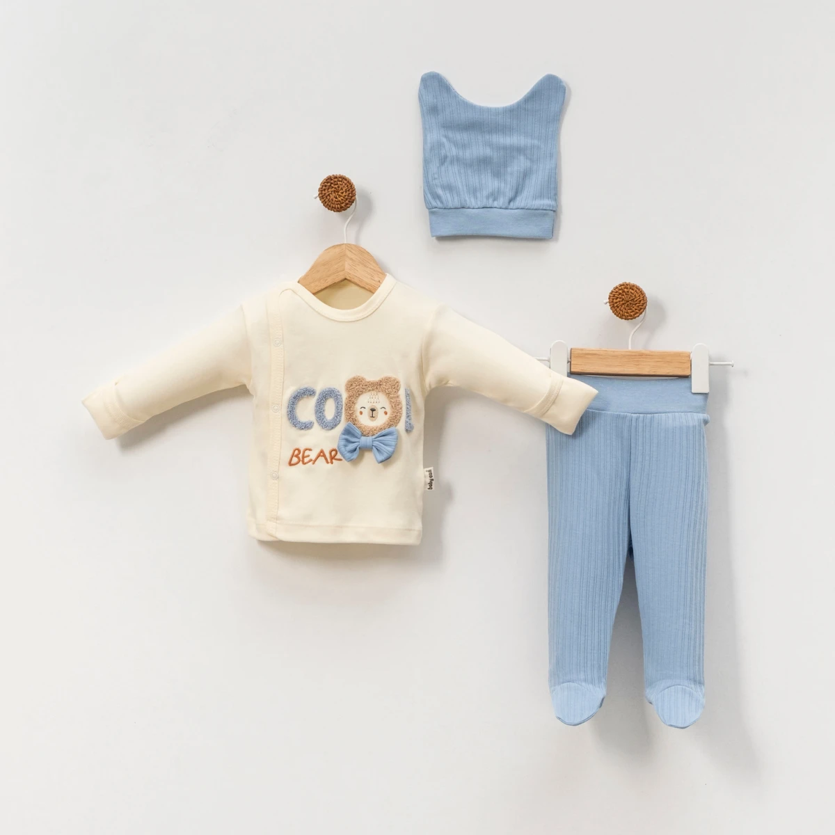 Almini Süzeneli Cool Bear Nakışlı Kendinden Eldivenli Yenidoğan  Bebek 3lü Zıbın Takımı 