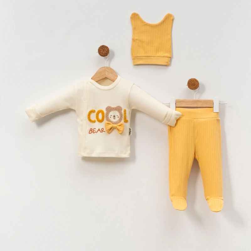 Almini Süzeneli Cool Bear Nakışlı Kendinden Eldivenli Yenidoğan  Bebek 3lü Zıbın Takımı 