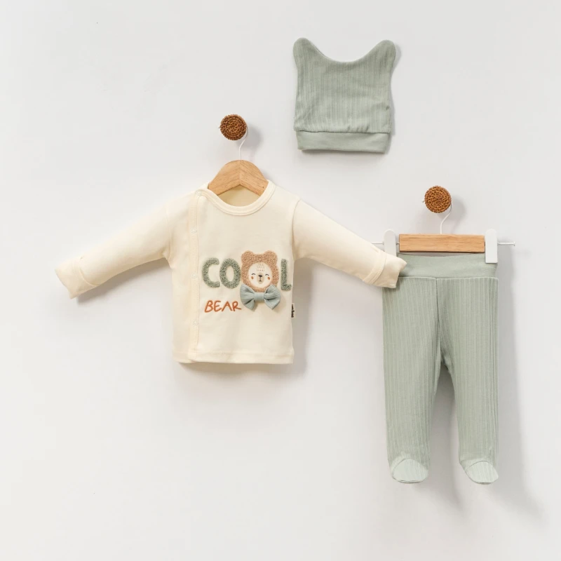 Almini Süzeneli Cool Bear Nakışlı Kendinden Eldivenli Yenidoğan  Bebek 3lü Zıbın Takımı 