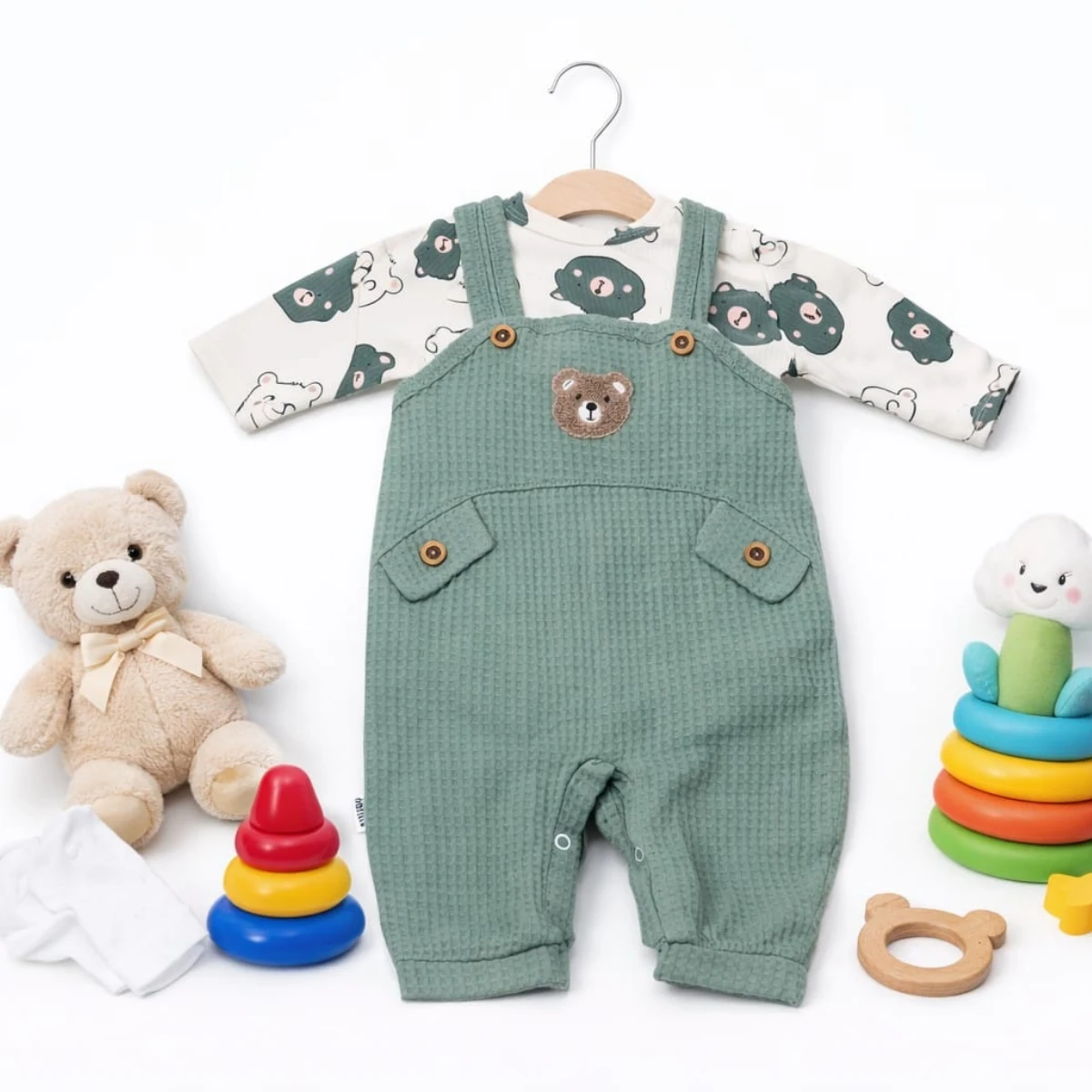 Almini Nakışlı Ayılı 2li Salopet Takımı Uzun Kollu Çıtçıtlı Yenidoğan Kıyafeti Ve Çorabı