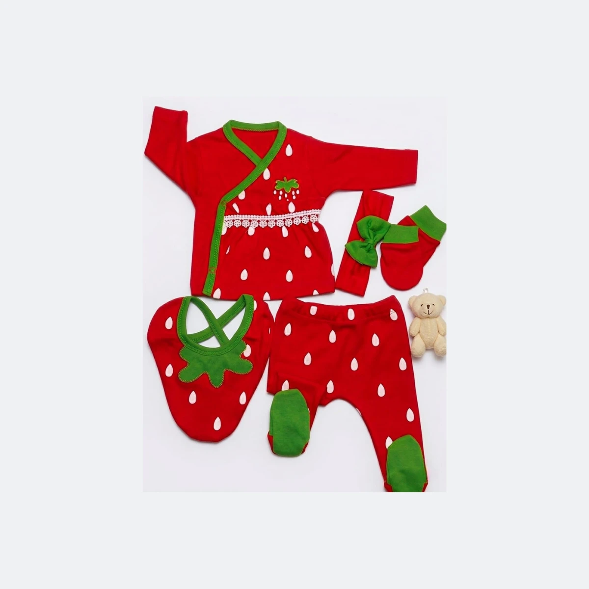 Almini Yeni Sezon 5 Parça Çilekli Dantelli Yeni Doğan Hastane Çıkış Zıbın Seti