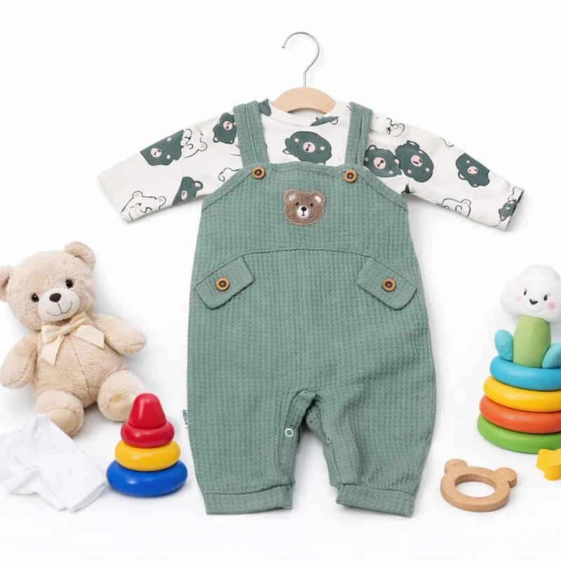 Almini Nakışlı Ayılı 2li Salopet Takımı Uzun Kollu Çıtçıtlı Yenidoğan Kıyafeti Ve Çorabı